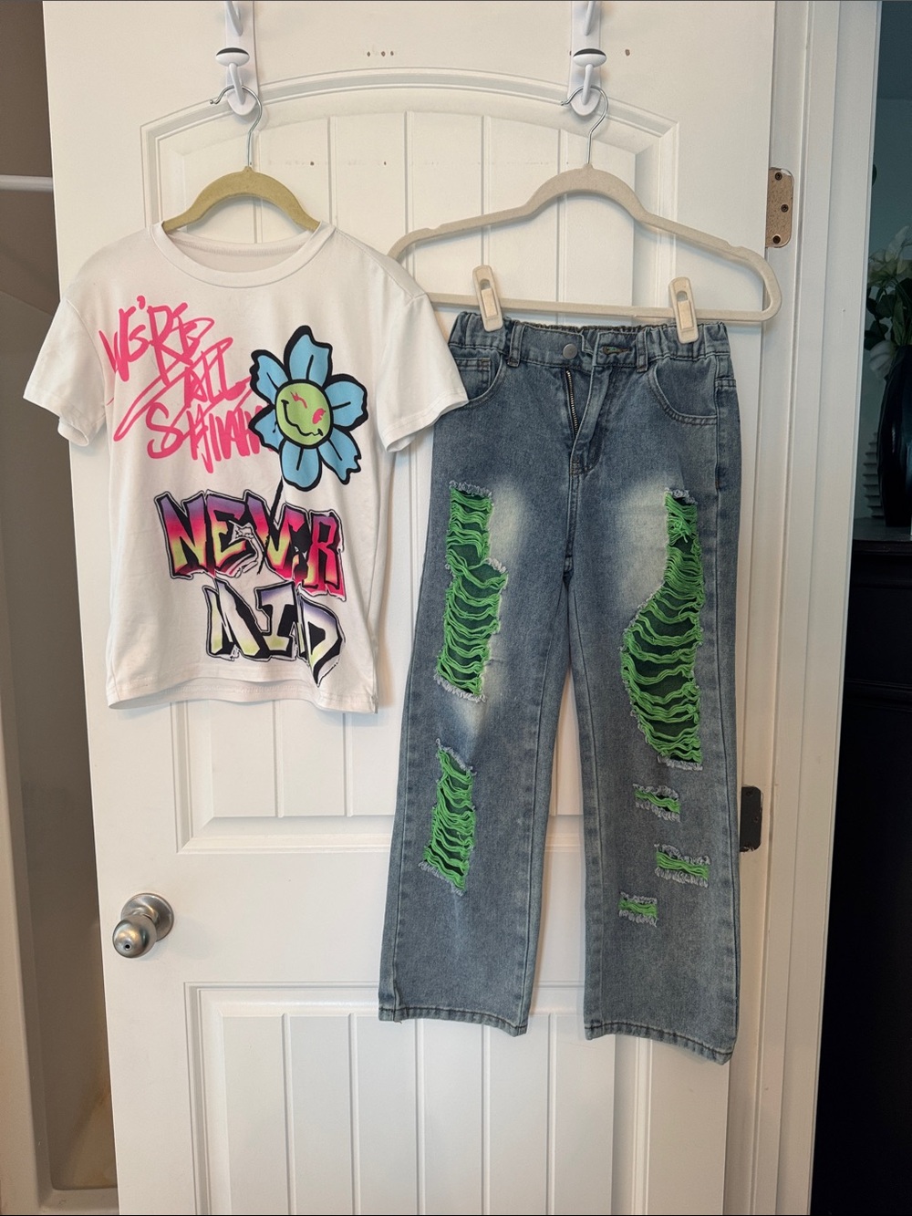 SHEIN White Tee with Blue and Pink Graphic Accents
